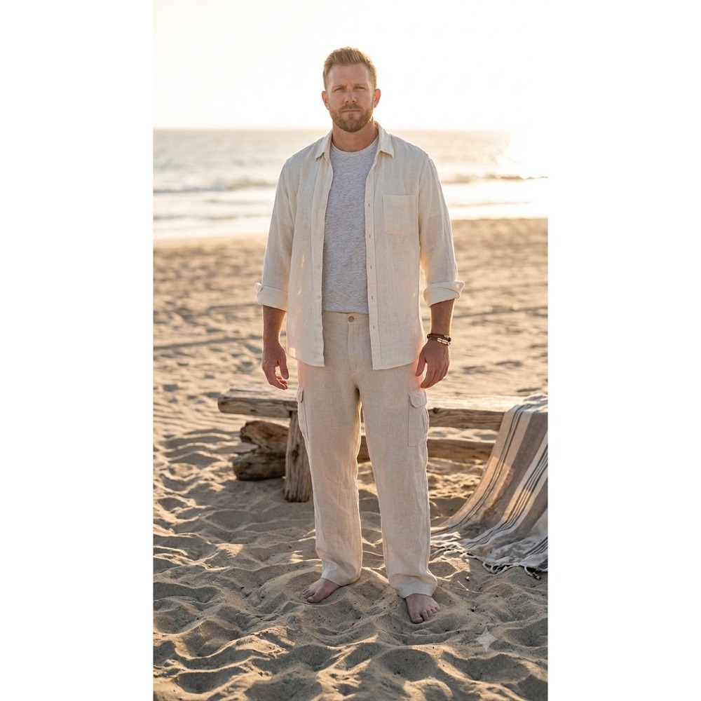 Caribbean Mens 100% Linen Cargo Pants Beige Tan Straight Leg 42x34 Summer Beach